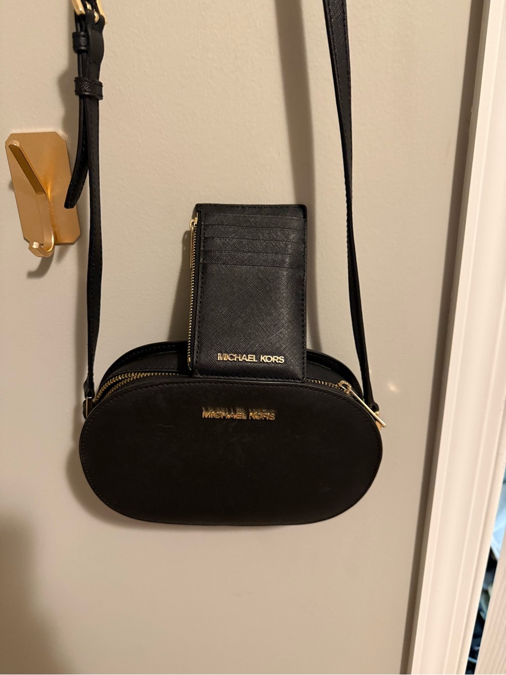 Michael Kors Black Leather Oval Crossbody with Card Holder